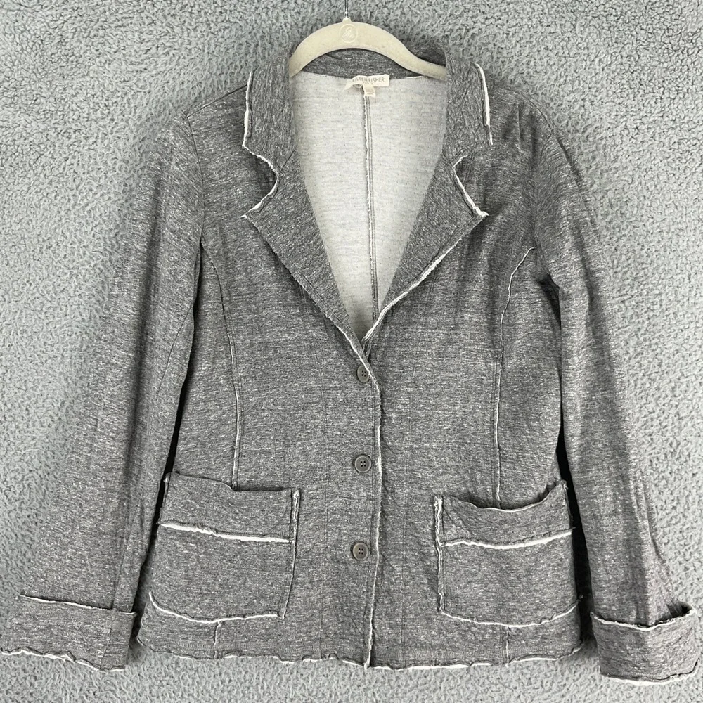 Eileen Fisher Blazer Womens PP Petite Grey Excellent Cotton Raw Edge Knit Jacket